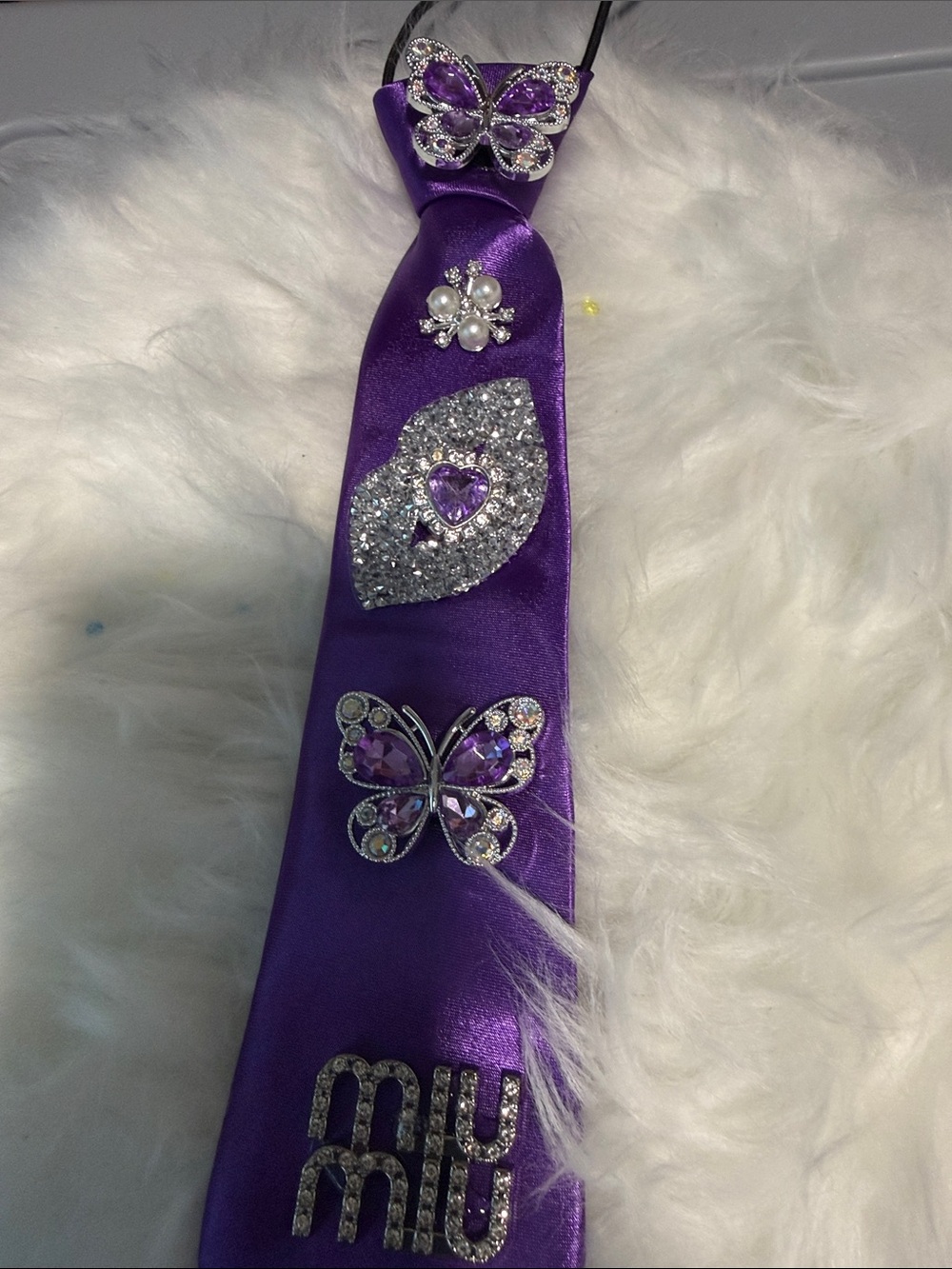 Miu Miu Purple Satin Jeweled Butterfly Tie